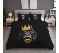 Générique Parure de lit - 3 Piezas,Noir Or Microfibra Housse Couette 240 x 260 y Taie d'oreiller 65 x 65(2) - Housse Couette avec Fermeture Éclair - Bande Dessinée Animaux Gorille Couronne