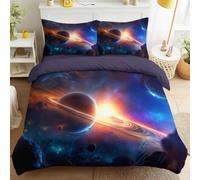 Générique Parure de lit 4 pièces en Espace Planète Microfibre de Printemps avec Poche Profonde, 2 Personne Housse de Couette avec Taie d'oreiller- Fantasy Ciel Étoilé - Lit Violet Foncé