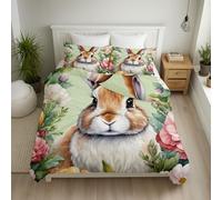 Générique Parure de Lit 90x190 Enfant Lapin Housse de Couette 1 Personne Imprimée Fleurs Animal Rustique Ensemble De Literie avec Fermeture Éclair en Microfibre et Taie d’Oreiller, TpR111J