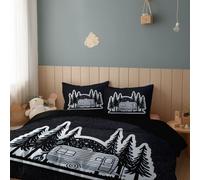 Générique Parure de Lit Camping-Car Feu De Joie Arbres Microfibre, 1 x Housse de Couette, et 1 x Taies d'oreiller 65 x 65 cm, 2 Pièces Réversible Parure de Lit Noir 90 x 190 cm, Couette 1 Personnes