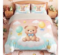 Générique Parure de Lit Dessin Animé Conte De Fées, 140 x 190 cm Réversible Léger & Respirant Housse de Couette Beige, Ours en Peluche Ballon Nuage Literie Toutes Saisons pour Enfants
