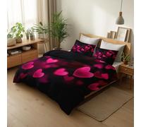 Générique Parure de Lit Doux Cœur Rose Romance 220 x 240 cm 2 Personne, Housse de Couette Noir avec 2 Taie 65x65 cm, Microfibre Brossée Douce Respirante Ados Adultes