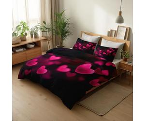 Générique Parure de Lit Doux Cœur Rose Romance 220 x 240 cm 2 Personne, Housse de Couette Noir avec 2 Taie 65x65 cm, Microfibre Brossée Douce Respirante Ados Adultes