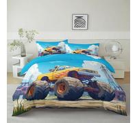 Générique Parure de Lit Enfant 220 x 240 cm Camion Monstre Jaune De Dessin Animé Housse de Couette Microfibre Doux et Respirant, Bleu Literie 1 Personnes Fermeture Éclair Taies d'oreiller 65x65cm