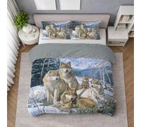 Générique Parure de Lit Housse de Couette 2 Personnes 200 x 200 cm avec 2 Taies (Bleu Ciel), Animaux Rustique Meute De Loups Serein Housses de Couette en Imprimée Microfibre Brossée Douce Respirante