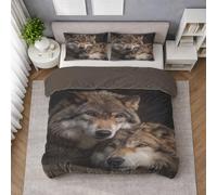 Générique Parure de Lit Housse de Couette 2 Personnes 220 x 240 cm avec 2 Taies (Taupe Chaud), Rustique Couple De Loups Intime Housses de Couette en Imprimée Microfibre Brossée Douce Respirante