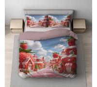 Générique Parure de lit - Microfibra - 2 Piezas Rouge Housse Couette 140 x 190 y Taie d'oreiller 65 x 65(1) - Housse Couette avec Fermeture Éclair - Animation Fantastique Fraise Architecture