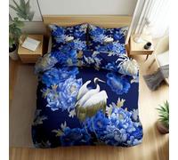 Générique Parure de Lit Motif Chinois Grue Blanche Chrysanthème Pivoine 200 x 200 cm Housse de Couette en Microfibre, Ensemble de Literie pour Filles Garçon Ado, Bleu Imprimé Housse de Couette