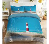 Générique Parure de Lit Océan 200 x 200 cm, Housse de Couette en Bleu avec Phare Herbes de Plage mer, Ensemble de Literie Paysage Frais Naturel pour Chambre d’Amis hôtes, 2 Taies d’Oreiller Douces