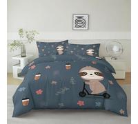Générique Parure de Lit Paresseux Dessin Animé sur Skateboard Tasse Café 90 x 200 cm Housse de Couette en Microfibre, Ensemble de Literie pour Filles Garçon Ado, Bleu Foncé Imprimé Housse de Couette