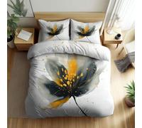 Générique Parure de Lit Peinture À L’Encre Fleurs Noires Et Dorées 200 x 200 cm Housse de Couette en Microfibre, Ensemble de Literie pour Filles Garçon Ado, Blanc Imprimé Housse de Couette