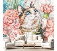 Générique Parure de Lit Pièces Chat Tricolore Œillets Roses Fleurs Impression housse de couette,drap-housse avec Taies d'oreillers en Microfibre, Chat Tricolore Œillets Roses Fleurs Impression,