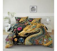 Générique Parure de Lit Style Anime Dragon Doré 90 x 200 cm Housse de Couette en Microfibre, Ensemble de Literie pour Filles Garçon Ado, Noir Imprimé Housse de Couette