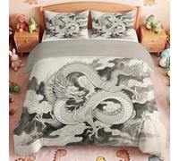 Générique Parure de Lit Style Chinois, 140 x 190 cm Réversible Léger & Respirant Housse de Couette Gris, Oriental Dragon Mythologie Literie Toutes Saisons pour Enfants