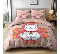 Générique Parure de Lit Style Chinois Chat Porte-Bonheur Fleurs Housse de Couette 3 Pièces, Rose Douce et Respirante 220 x 240 cm Parure de Lit Fermeture Éclair, avec 2 Taies d'oreiller 65 x 65 cm