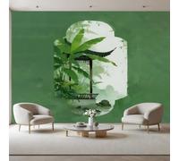 Générique Paysage Chinois Papier Peint Plantes du Pavillon Papier Peint Panoramique Décoration Murale Pour Salon, Chambre, Tapisserie Murales Intissé, Vert Wallpaper Mural 450x315cm(L x H)
