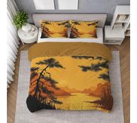 Générique Paysage Housse de Couette Doré, Parure de Lit Pin Reflet Soleil, Ensemble de Literie Style 180 X 220 cm, Tissu Doux, Respirant, Lavable et Facile à Vivre, avec Belle Finition