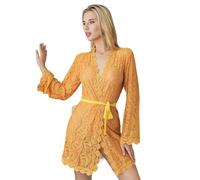 Générique Peignoir Femme Dentelle Longue Manches élégant Ouvert Devant pour la Maison Confort et Style Nuisette Sexy avec Crochet ajouré(Yellow, One Size)