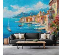 Générique Peinture À L’Huile Ville Côtière Italienne Papier Peint Bleu Photo Peintures Murales, Salon Tv Canapé Thème Hôtel De Luxe Couloir Fond Mur Peinture Décor À La Maison 200 x 140 cm