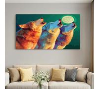 Générique Peinture Toile Meute de Loups Lune et Forêt Verte 90 x 60 cm Vert | Art Mural Nature Sauvage Sans Châssis, Tableau Décoratif Chambre et Salon Rustique, Toile Toilée Résistante aux Rayons UV