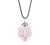 Générique Pendentif arbre de vie en cristal naturel fait à la main, fil enroulé, collier en pierre d'énergie en forme de larme for l'équilibre et la positivité(Rose Quartz [White Wire])