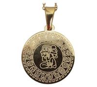 Générique Pendentif Maya Tzolk'in avec Chaîne, Reproduction Historique Acier Ton Or non Ternissable, Style Calendrier Aztèque.