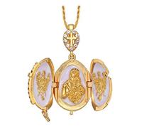 Générique Pendentif Oeuf Style Fabergé Blanc Ouvrant Croix et 3 Parties Contenant en Son Centre la Vierge et l'enfant entourée de 2 Anges. Chaîne 55 cm PLaquée Or.