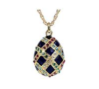 Générique Pendentif Oeuf Style Fabergé Bleu Damiers Or et Cristaux Multicolores avec sa chaîne (Bleu)