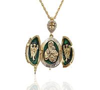 Générique Pendentif Oeuf Style Fabergé Ouvrant Croix et 3 Parties Contenant en Son Centre la Vierge et l'enfant entourée de 2 Anges. Chaîne 55 cm Plaquée Or.. (Vert)