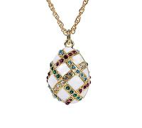 Générique Pendentif Oeuf Style Fabergé Vert Damiers Or et Cristaux Multicolores avec sa chaîne (Blanc)