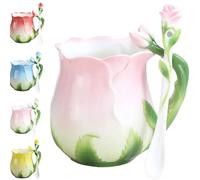 Générique Personality Creative 3D Flower Shape Teacups, 1 Pc Enamel Ceramic Coffee Mug, Pastoral 4 Colors Breakfast Milk Cups with Spoon Cup Set for Home Office Couple