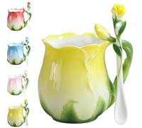 Générique Personality Creative 3D Flower Shape Teacups, 1 Pc Enamel Ceramic Coffee Mug, Pastoral 4 Colors Breakfast Milk Cups with Spoon Cup Set for Home Office Couple