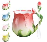 Générique Personality Creative 3D Flower Shape Teacups, 1 Pc Enamel Ceramic Coffee Mug, Pastoral 4 Colors Breakfast Milk Cups with Spoon Cup Set for Home Office Couple