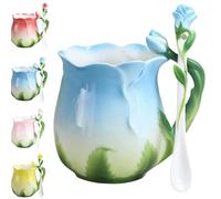 Générique Personality Creative 3D Flower Shape Teacups, 1 Pc Enamel Ceramic Coffee Mug, Pastoral 4 Colors Breakfast Milk Cups with Spoon Cup Set for Home Office Couple