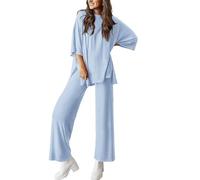 Générique Peshoriadm Casual 2-Piece Loose-Fit Short Sleeve Top & Wide-Leg Pants Set with Pockets,Suitable for summer wear, plus size (light blue,l)