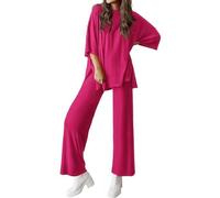 Générique Peshoriadm Casual 2-Piece Loose-Fit Short Sleeve Top & Wide-Leg Pants Set with Pockets,Suitable for summer wear, plus size (rose red,xl)
