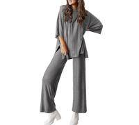 Générique Peshoriadm Casual 2-Piece Loose-Fit Short Sleeve Top & Wide-Leg Pants Set with Pockets,Suitable for summer wear, plus size (gray,m)