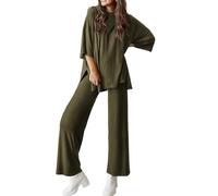 Générique Peshoriadm Casual 2-Piece Loose-Fit Short Sleeve Top & Wide-Leg Pants Set with Pockets,Suitable for summer wear, plus size (Army green,l)
