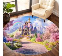 Générique Petit Tapis Rond Lavable Motif château de Princesse 90 cm, pour Chambre d'enfant, Salle de Jeux, Table Basse, décoration d'intérieur