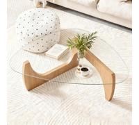 Générique Petite Table Basse Bois et Verre Triangle 82cm - Pieds en Bois Clair Naturel et Plateau Transparent, Style Scandinave et Chaleureux (Natural Wood, 82×65×40cm)