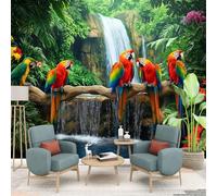 Générique Photo murale Perroquets colorés dans la jungle 400 x 280 cm - Plantes vertes et cascades Papier peint non tissé pour enfants et adultes - Image panoramique Déco Maison Chambre