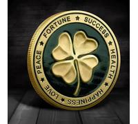 Générique Pièce Commémorative Trèfle à Quatre Feuilles, Fortune Success Peace Love, Métal Doré et Vert, 4 cm, avec Étui de Protection, Cadeau Porte-Bonheur