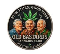Générique Pièce du Club des Vieux Cannabis, Pièce de défi Membre à Vie du Club des Vieux, Pièces Humoristiques Double Face High Times 100% Détente, Jeton Feuille Verte Vintage, Cadeaux Rigolos (#C1)