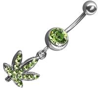 générique piercing nombril cannabis ACIER strass vert bijou pendant rodium plante