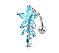 Générique Piercing nombril inversé grosse fleur pétale strass bleu aqua acier chirurgical 316L