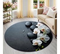 Générique Pierre Floral Orchidée Doux Tapis Rond 90 cm, Photo Zen Tapis de Chambre Antidérapant, Sombre Poil Ras Lavable pour Salon & Coin Lecture