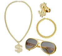 Générique Pimp Costume - Costume Hip Hop Per Uomo, Set 4 Pezzi Anni '80 '90 | Catena Oro Finta, Occhiali Da Sole Punk, Anello Segno Dollaro, Outfit Rap Per Festa, Carnevale, Cosplay Uomo Donna
