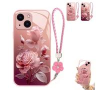 Générique Pink Rose Lanyard Hard Case for iPhone, All-Inclusive Lens Design, Glass Back Anti-Wear Phone Case for iPhone17/16/15/14/13 Pro Max (for iPhone 15Pro,Pink-a)