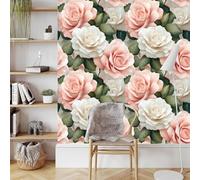 Générique Pivoine rose Papier Peint Autocollant 0.52X3 M 3D Rose Blanche Meuble Film Décoratif Imperméable Mat Stickers Collant Rouleau Facile à Nettoyer pour Surface Mural Porte Armoire Cuisine