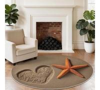 Générique Plage Cœur Étoile De Mer Tapis Rond Lavable 150 cm, Tapis Intérieur Antidérapant, Minimaliste Amour Côtier Poil Ras Facile à Nettoyer pour Entrée & Cuisine, Marron Clair